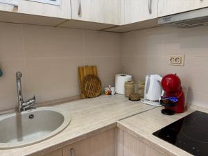 a kitchen with a sink and a counter top with a mixer at Modern Apartment with Balcony in Przno - Near Beach in Pržno