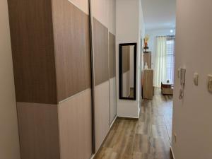a hallway with wood paneled walls and a mirror at Modern Apartment with Balcony in Przno - Near Beach in Pržno +6 photos