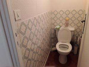 a bathroom with a toilet and a tile wall at La maison de J et B étage entier in Tarbes