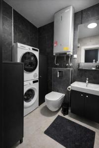 a bathroom with a washing machine and a sink at Urban Forest Apartment - with free Garage in Podgorica +28 photos