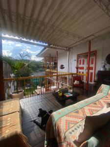 a dog laying on the floor of a room at Hostal Arraigo - A 1 calle del Parque Principal in Santa Rosa de Cabal