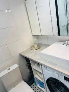 a bathroom with a washing machine and a sink at White Sun Apartment in Aizkraukle