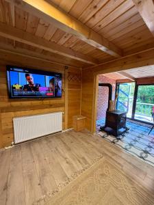 a living room with a flat screen tv and a stove at Ayder Gencal Villa in Ayder Yaylasi