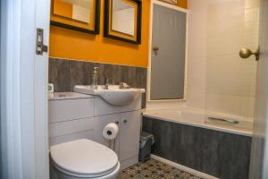 a bathroom with a toilet and a sink and a tub at No6 @ Globe Lane,Alston in Alston +2 photos