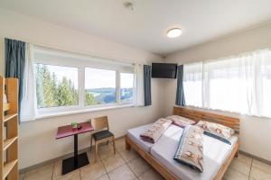 a bedroom with a bed and a desk and windows at Ferienwohnungen Hebalm in Pack