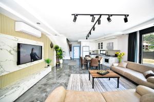 a living room with a couch and a tv on a wall at Villa Belmora Villa Asgora in Demre