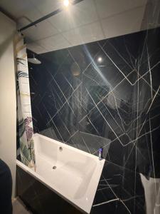 a bathroom with a sink and a black tiled wall at Studio La Bobine in Coincy