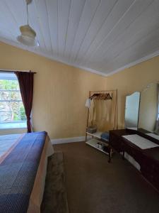 a bedroom with a bed and a mirror and a window at Dalton's Deed in Roxburgh