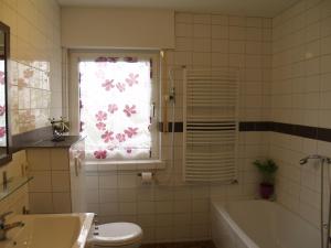 baño con bañera, aseo y ventana en Mountainview villa, en Wiemeringhausen