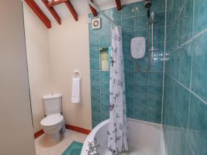 ein Badezimmer mit Badewanne, Toilette und Dusche in der Unterkunft Riber View Barn in Chesterfield + 9 Fotos