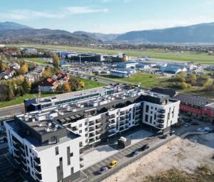 an aerial view of a building in a city at Nearport Apartment in Sarajevo
