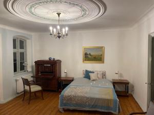 a bedroom with a bed and a chandelier at Inseldomizil Brummers Gaard in Haderslev