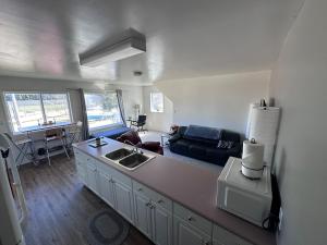 a kitchen with a sink and a living room at Texada Hunter Hiker friendly suite in Vananda