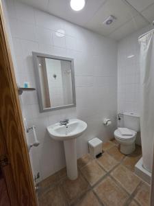 a bathroom with a sink and a toilet and a mirror at La Cilla Moratalla in Moratalla