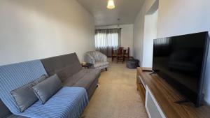 a living room with a couch and a flat screen tv at Apto 2D ensolarado, sacada e garagem, centro in Nova Petrópolis