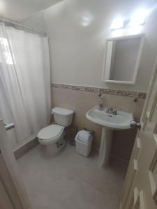 a bathroom with a toilet and a sink and a mirror at Floresta in Manuel F. Martínez +8 photos