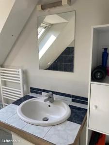 a bathroom with a sink and a mirror at Charmant penty pour un séjour calme et reposant in Ergué-Gabéric