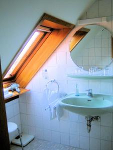 ein Bad mit einem Waschbecken und einem Fenster in der Unterkunft Hotel Fernblick in Bad Harzburg