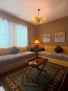a living room with two beds and a coffee table at ByDoukas Mountain Resort in Palaios Agios Athanasios