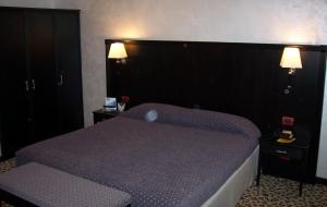 ein Schlafzimmer mit einem großen Bett mit lila Laken in der Unterkunft Hotel Brindor in Poirino + 22 Fotos