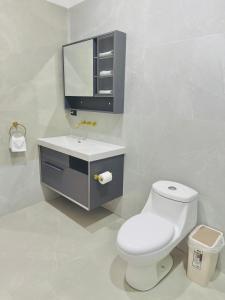 a bathroom with a toilet and a sink and a mirror at TOKIO - Apartamentos by Luxury Atitlan in San Pedro La Laguna