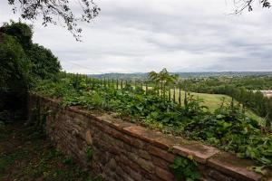 uma parede de tijolos com um jardim de plantas em La Foresteria del Convento em Santarcangelo di Romagna
