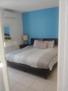 a bedroom with a large bed with a blue wall at Casa Altamirano in La Paz