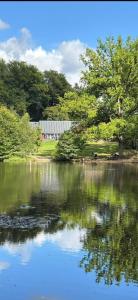 a view of a pond with trees and a building at Asken 8 in Klippan