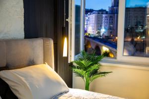 a bedroom with a window and a plant next to a bed at Stone Bridge 24 Apartment in Skopje