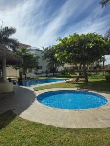 two swimming pools with trees and a building at Casa Flamingos Coco in Mezcales