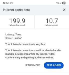 a screenshot of the internet speed test on a cell phone at Seascape - caravan next to Fantasy Island Ingoldmells, 2 dogs max - East Coast Holidays in Ingoldmells