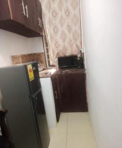 eine kleine Küche mit Kühlschrank und Mikrowelle in der Unterkunft GreenSpring in Cape Coast