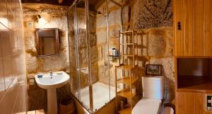 a bathroom with a shower and a sink and a toilet at Refúgio da Póvoa Dão in Silgueiros +5 photos
