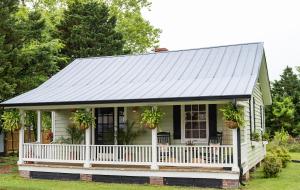 a small white house with plants on the porch at Couples Cottage with Hot Tub in Mathews