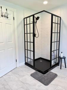 a shower stall in a room with a door at Couples Cottage with Hot Tub in Mathews