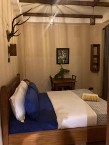 a bedroom with a bed with blue and white pillows at Lily Bank Cottage in Nuwara Eliya +16 photos
