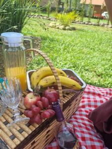a basket of fruit on a table with a bottle of wine at Cabanas Vista da Pedra in Grão Pará