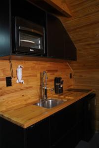 a kitchen counter with a sink and a microwave at Recanto dos Licuris in Lençóis
