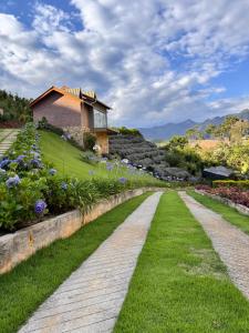 a brick path in a garden with a house at Valle Piemonte in Pedra Menina