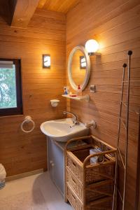a bathroom with a sink and a mirror at The chalet of time in Eyne