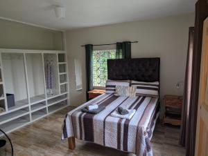 a bedroom with a bed with a blanket and a window at A Caribbean Oasis in Stirling
