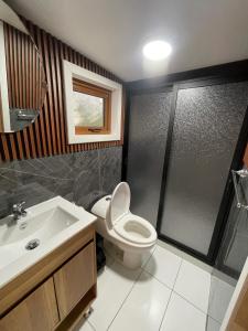 a bathroom with a toilet and a sink and a shower at Exclusive Montecarlos in Pidpid