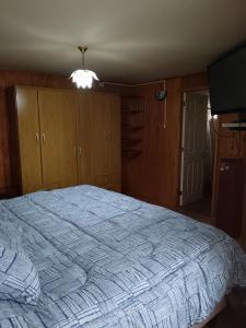 a bedroom with a large bed and wooden cabinets at Eluney 3 in Valdivia
