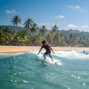 a man riding a wave on a surfboard in the ocean at Dam Ri Private 2nd Floor - Near Airport & Batukaras in Tjidjulang