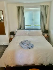a bedroom with two towels on a bed with a window at Cotswold studio with kitchen & patio in Witney