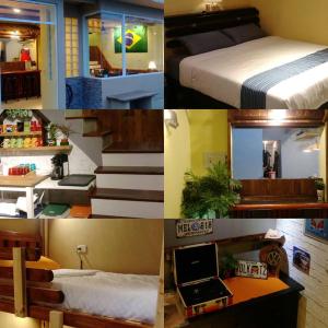 uma colagem de fotos de um quarto com uma cama e escadas em On Board Hostel em Manzhou