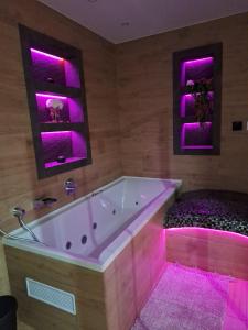 a bathroom with a large tub with purple lights at Vila pod Dubem in Návsí u Jablunkova +55 photos