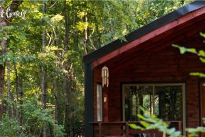a log cabin with a glass door in the woods at Cafeteria y Cabañas Eluney - Llaurel in Pucón +60 photos