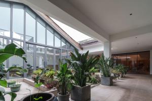 a lobby with a bunch of potted plants in a building at Xianzai Houshe Boutique Hotel in Dujiangyan