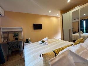 a hotel room with a large bed and a tv at Le Passamainty Lodge in Mamoudzou